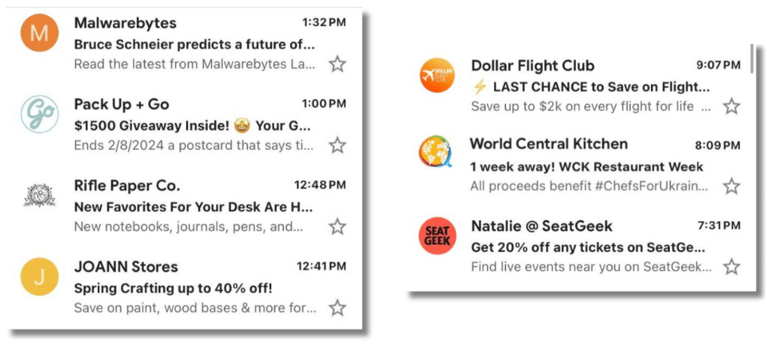 Two screenshots of an email inbox; two of four senders at left do not have BIMI, but all three at right have BIMI.