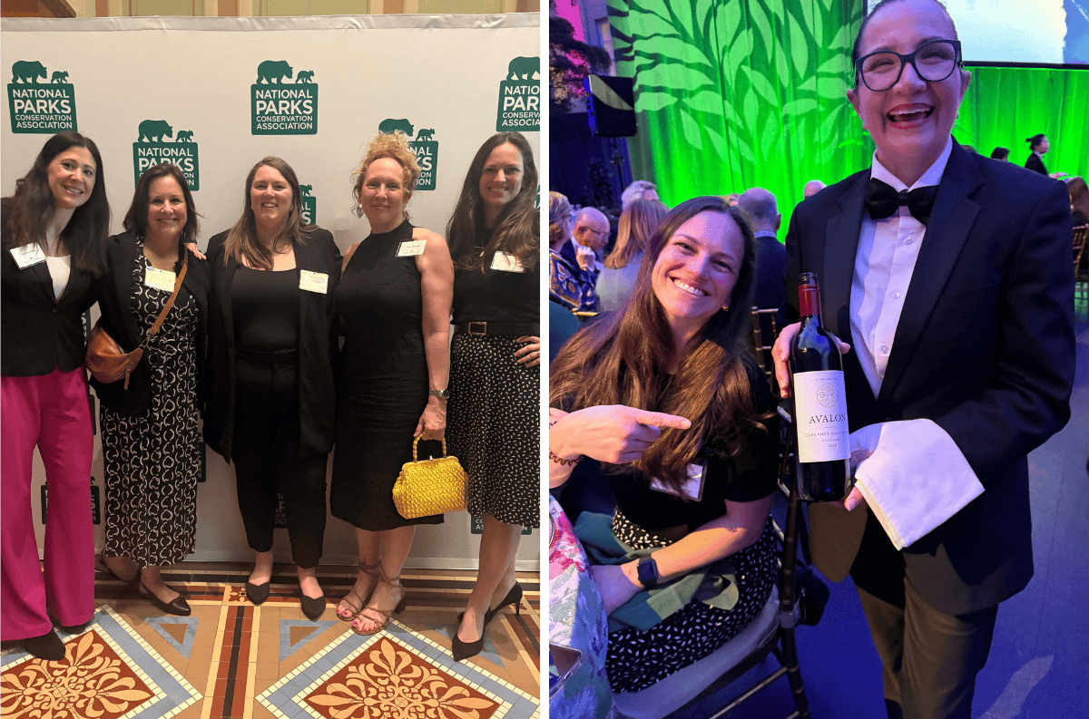 Two pictures from the NPCA Salute to the Parks: a group shot on the left, and one person pointing out the label for a wine bottle (which reads "Avalon") that the server is holding on the right.
