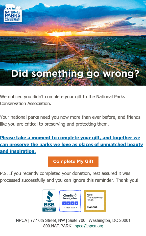 An email from the National Parks Conservation Association encourages converting visitors into supporters, featuring a sunset landscape over a park and a prominent “Complete My Gift” button.