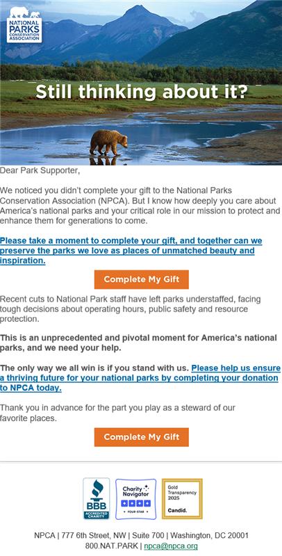 A National Parks Conservation Association email urging the reader to complete their donation, emphasizing the importance of protecting parks and converting visitors into supporters, and featuring a “Complete My Gift” button at the bottom.