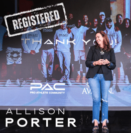 Allison stands on stage in front of a projected image of a group, with the word REGISTERED stamped at the top. Text on the image reads "PAC Pro Athlete Community," "Thank You," and "Allison Porter."