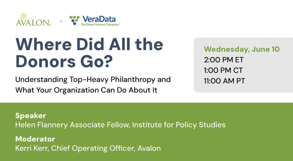 Screenshot of a webinar announcement titled "Where Did All the Donors Go?" focused on understanding top-heavy philanthropy and organizational strategies. It includes event date and times, speaker Helen Flannery from Institute for Policy Studies, and moderator Kerri Kerr from Avalon, with logos of Avalon and VeraData at the top.