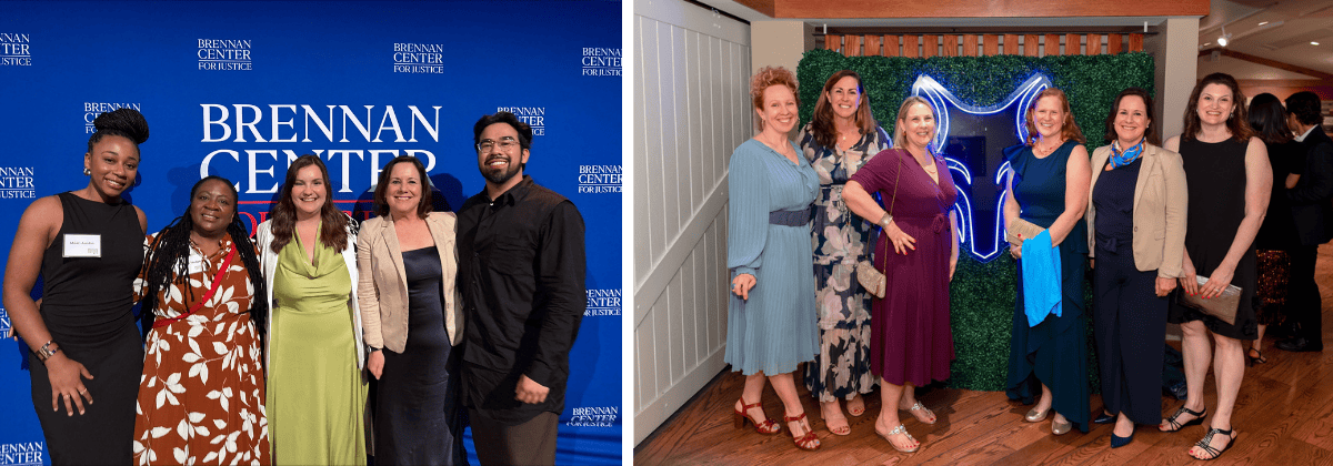 (L) The Brennan Center and Avalon teams at the 2025 Brennan Legacy Awards Gala. (R) The Avalon leadership team celebrates with Wolf Trap’s Margaret Berardelli, third from left.