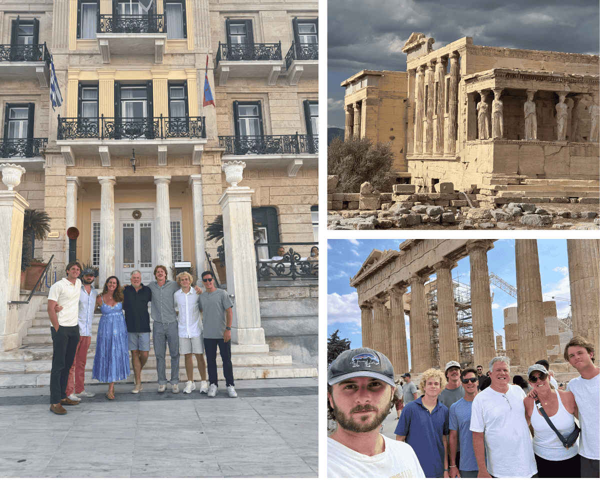Three photos of Allison’s recent trip to Greece - a picture of the whole family in front of a building with columns, a view of the Acropolis, and a picture of the whole family in front of the Parthenon.