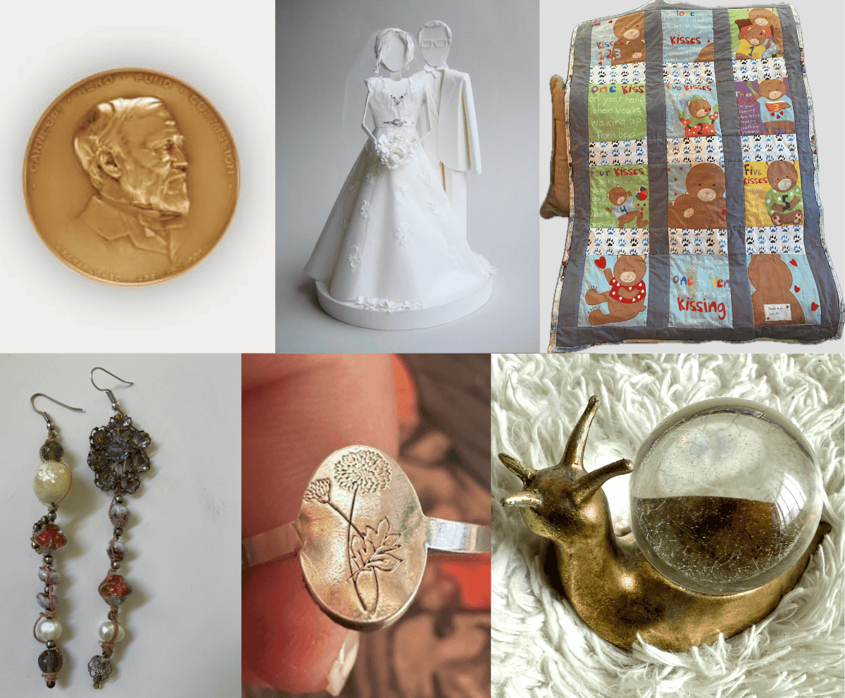 Six objects shared by staff at the gathering (clockwise from top left): a Carnegie medal, a wedding cake topper, a handmade quilt, a snail paperweight, a silver ring, and a pair of mismatched earrings.