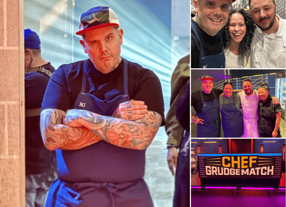 A collage of Matthew Jennings and other chefs while filming Chef Grudge Match.