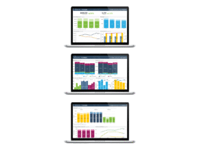 Three laptop screens displaying different business analytics dashboards with bar charts, line graphs, and summary statistics on a white background. Each screen shows various data visualizations and performance metrics.