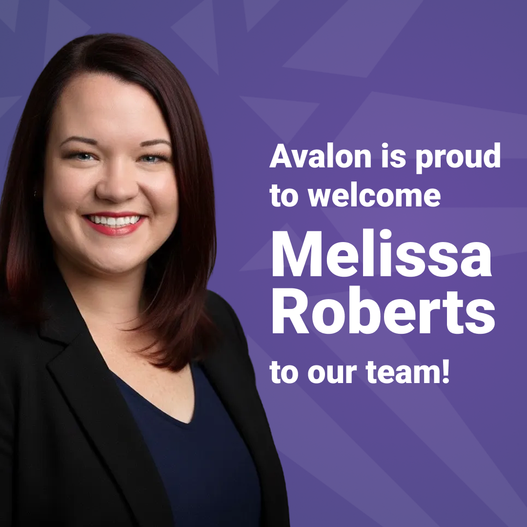 Melissa’s professional picture on a purple background with a faint Avalon star pattern. The text reads “Avalon is proud to welcome Melissa Roberts to our team!”