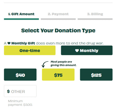 A multi-step donation form with dark green and yellow buttons.