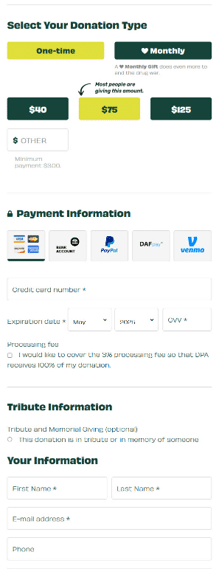 A single-scroll donation form