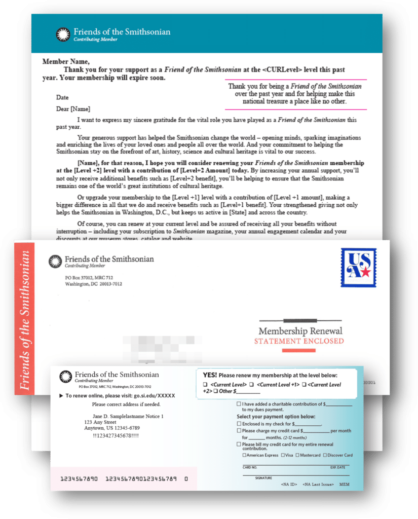 A membership renewal packet from Friends of the Smithsonian, featuring a letter, renewal form, response envelope, and a red insert clearly marked Membership Renewal Statement Enclosed.
