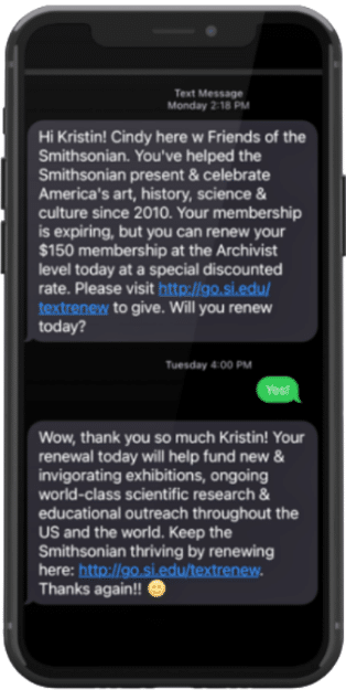 A smartphone screen displays a text message exchange about renewal of a Smithsonian Friends membership, featuring a renewal link, details on benefits, and a confirmation of the successful renewal.