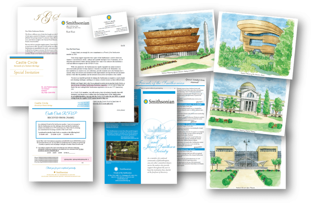 Array of direct mail package for a membership upgrade that includes four watercolor prints. 