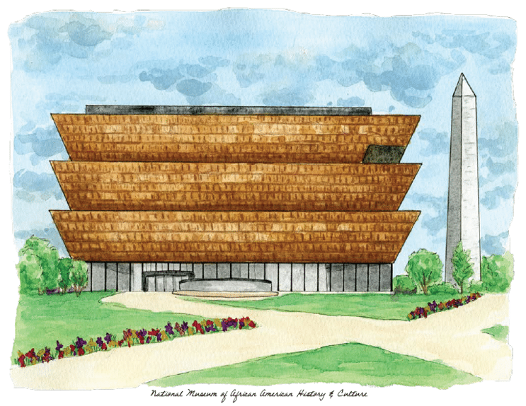 Watercolor print of a museum in Washington, DC with text overlaid that highlights the 225% increase in membership upgrade. 