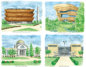 4 watercolor prints of the exterior of different Smithsonian museums.