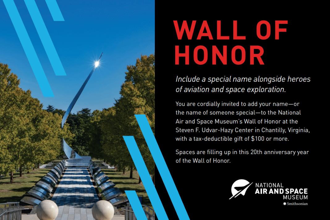 Front of a drive-to-web postcard with Wall of Honor text in red on a black background to the right of an image of the National Air and Space Museum Wall of Honor at the museum. 