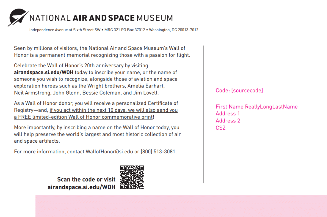 Back of a drive-to-web postcard with Wall of Honor text in red on a black background to the right of an image of the National Air and Space Museum Wall of Honor at the museum. 