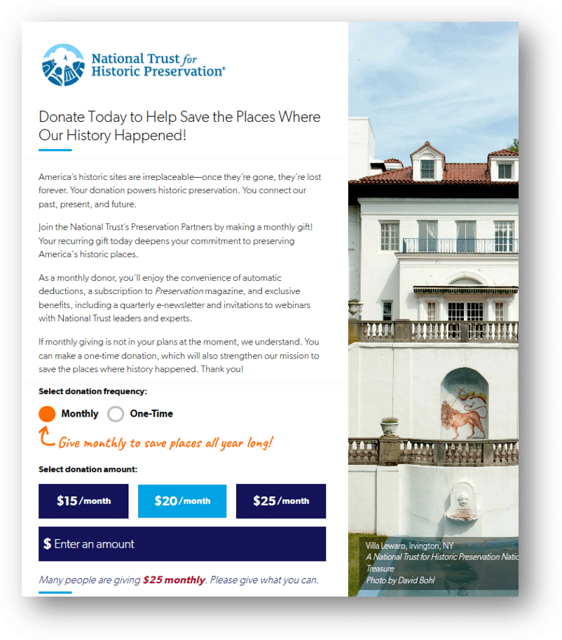 Image of sustainer-first nudge on a donation page for the National Trust for Historic Preservation
