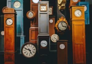 Several colorful clocks of all sizes.